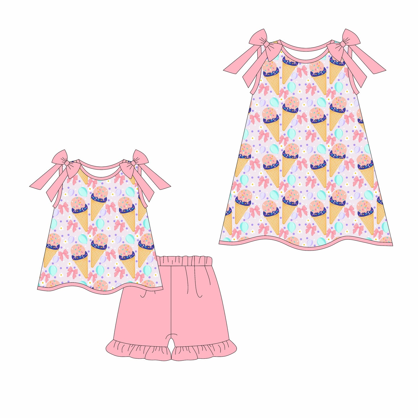 Preorder moq 5 Custom Baby Girls Pink Strap Bows Ice Cream Tunic Ruffle Short Set Knee Length Dresses