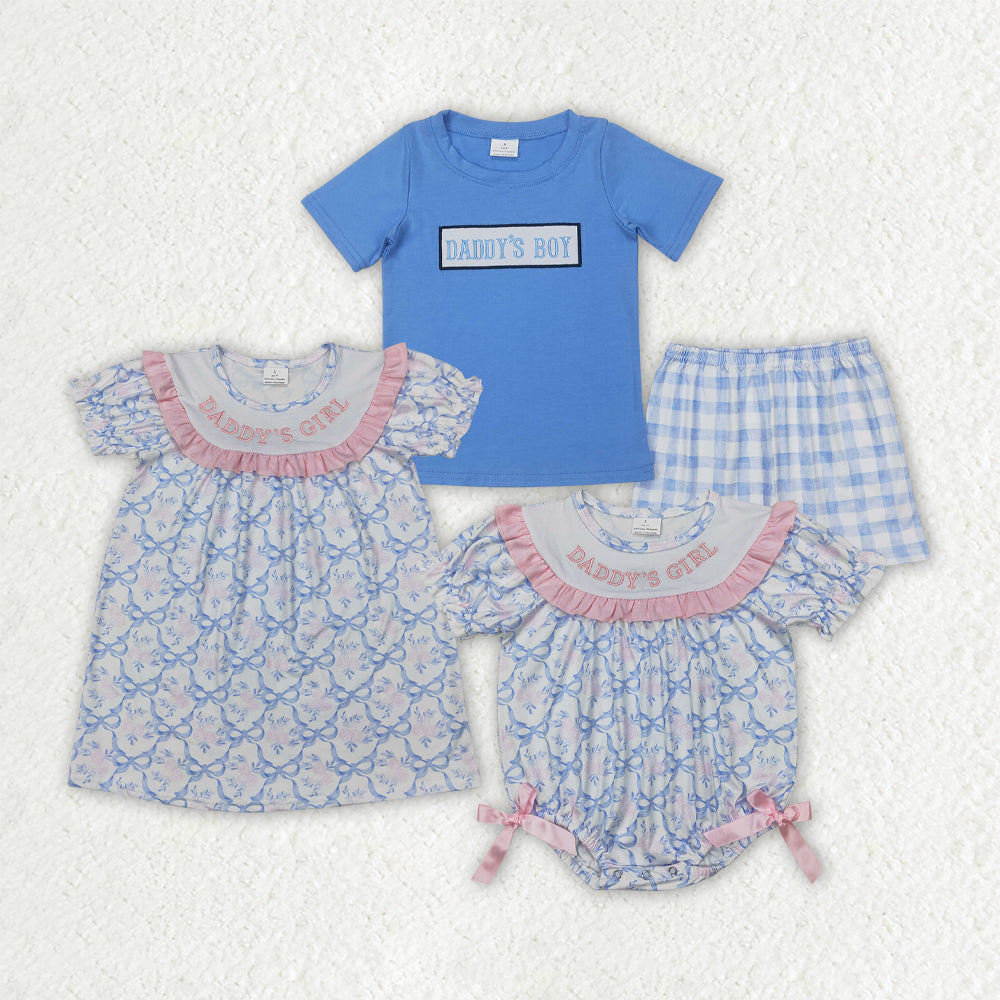 Sibling Baby Kids Embroidery DADDY'S BOY GIRL Top Shorts Sets Floral Plaid Knee Length Dress Rompers
