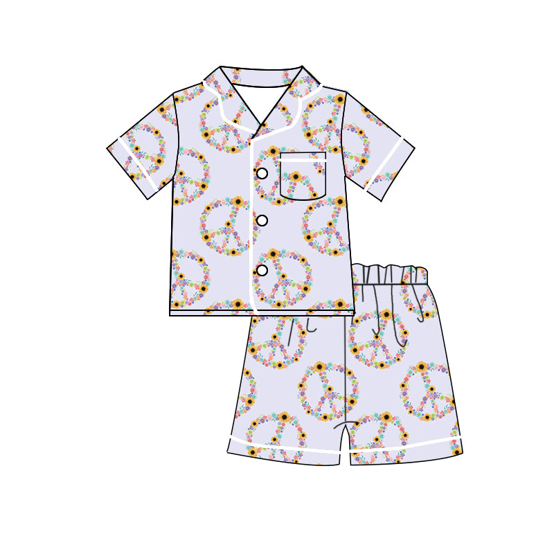 Baby Girls Short Sleeve Lavender Peace Flowers Shirt Shorts Pajamas Clothes Sets preorder(moq 5)