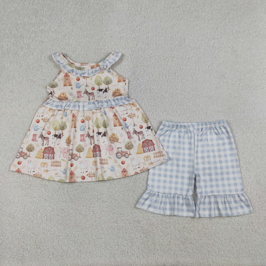 Baby Girls Sleeveless Pigs Cows Tunic Ruffle Checked Shorts Farm Clothes Sets