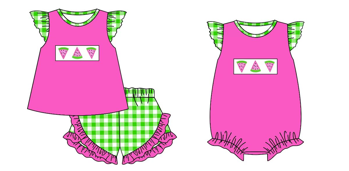 Preorder moq 5 (each item)Baby Girls Flutter Sleeve Watermelons Checked Shorts Clothes Sets Rompers