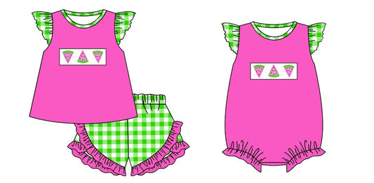Preorder moq 5 (each item)Baby Girls Flutter Sleeve Watermelons Checked Shorts Clothes Sets Rompers