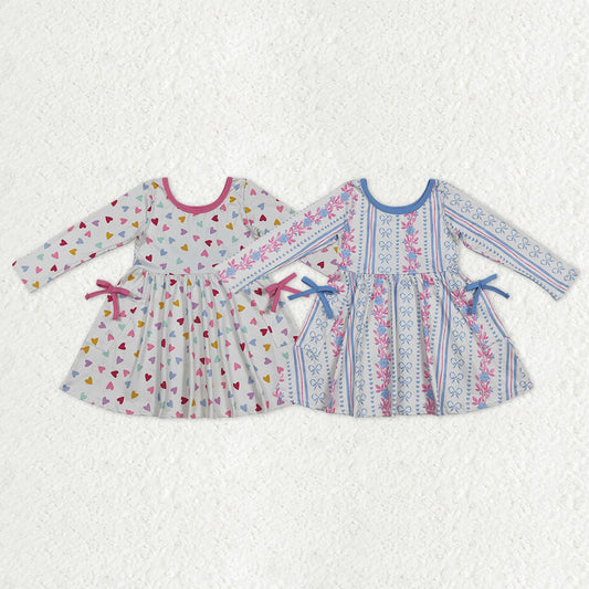 Sibling Baby Girls Colorful Hearts Bows Flowers Pockets Knee Length Dresses