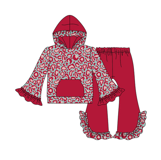 Baby Girls Dark Red Leopard Hooded Top Ruffle Pants Clothes Sets Preorder(moq 5)