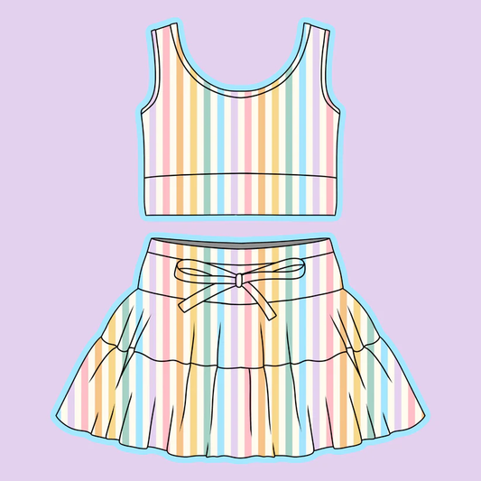 Preorder (moq 5)Baby Girls Colorful Stripe Vest Top Skirt Shorts Clothes Set