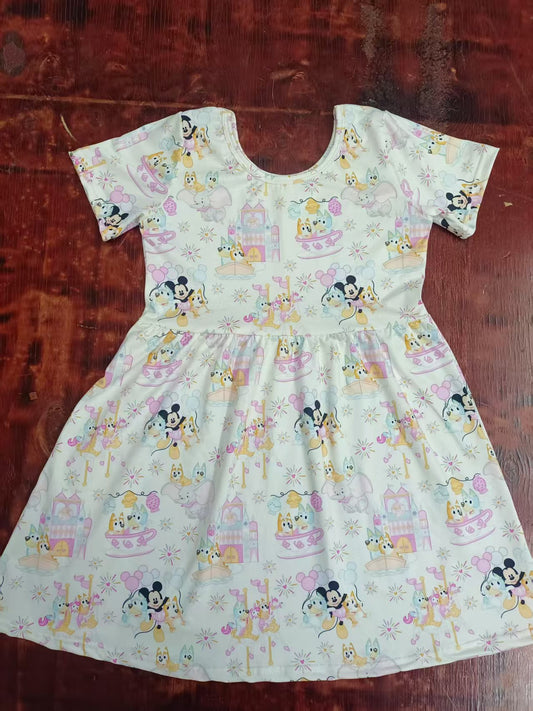 Preorder moq 5 Baby Girls Short Sleeves Cartoon Mouse Dogs Knee Length Dress