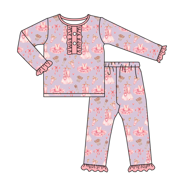 Baby Girls Dance Pink Ruffle Top Pants Pajamas Clothes Sets Preorder(moq 5)