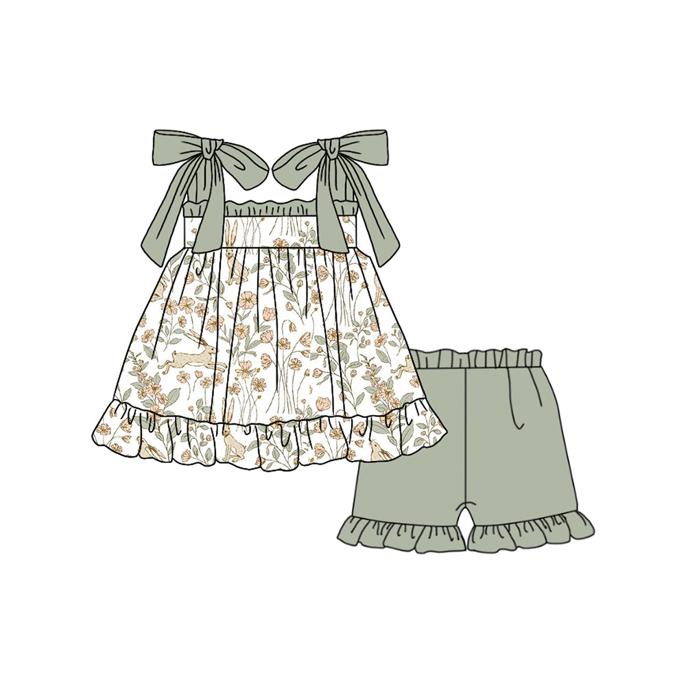 Preorder (moq 5)Baby Girls Easter Rabbits Flowers Straps Tunic Ruffle Shorts Clothes Sets