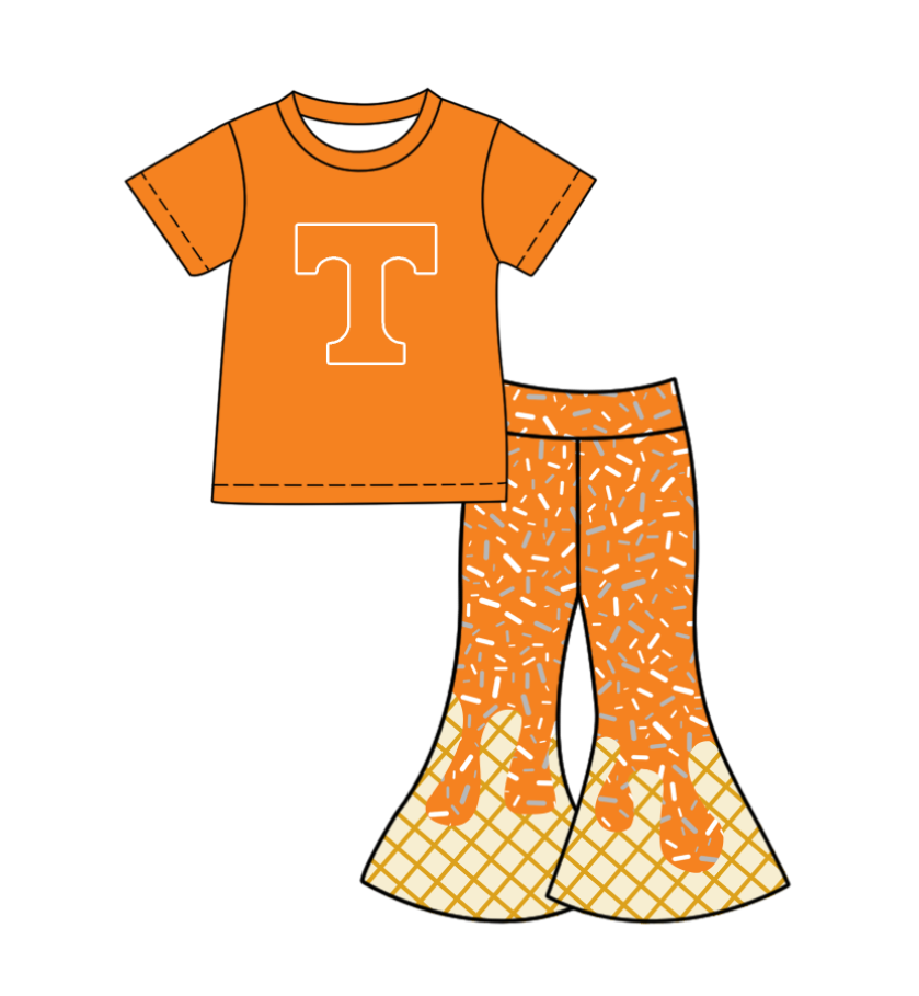 Preorder (moq 5)Baby Girls Orange T Top Drip Sprinkles Bell Bottom Pants Team Clothes Sets