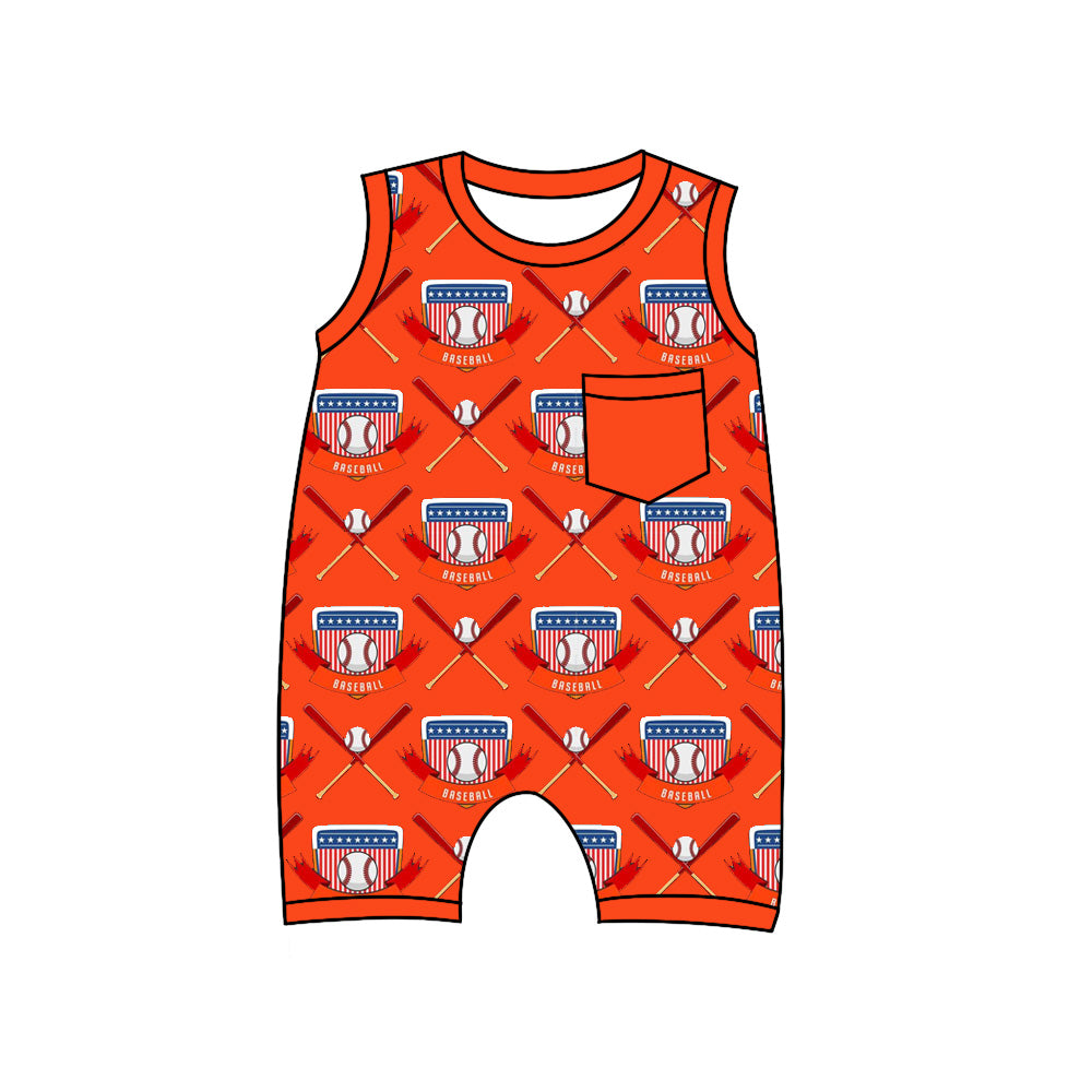Preorder(moq 5)Baby Infant Boys Orange Sleeveless Baseballs Pocket Top Summer Rompers