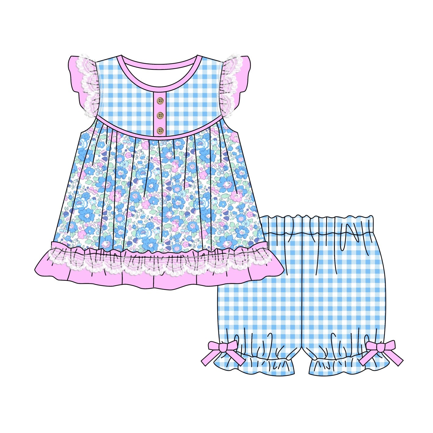 Baby Girls Blue Flowers Tunic Elastic Shorts Clothes Sets Preorder(moq 5)
