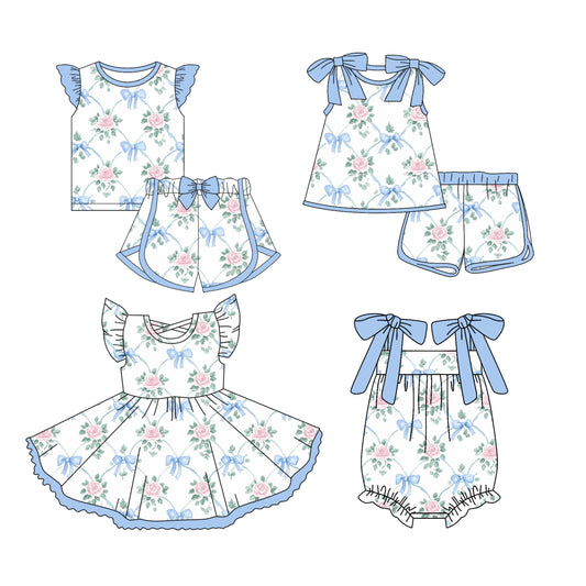 Preorder moq 5 Custom Baby Girls Blue Bows Flowers Top Short Sets Knee Length Dress Ruffle Rompers
