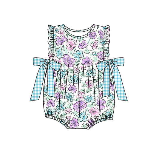 Baby Infant Girls Green Purple Flowers Buttons Rompers Preorder(moq 5)