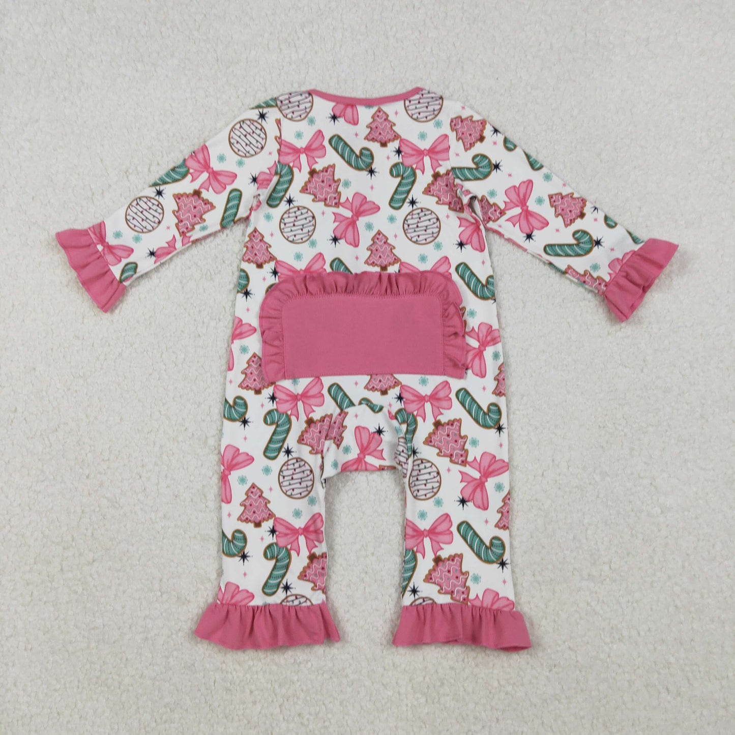 Baby Girls Candy Cane Trees Christmas Ruffle Zipper Footie Rompers