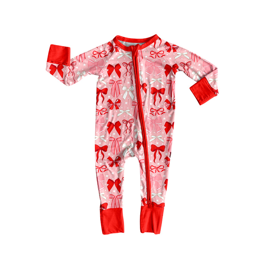Preorder (moq 20)Baby Girls Bamboo Red Pink Bows Zippy Footie Rompers