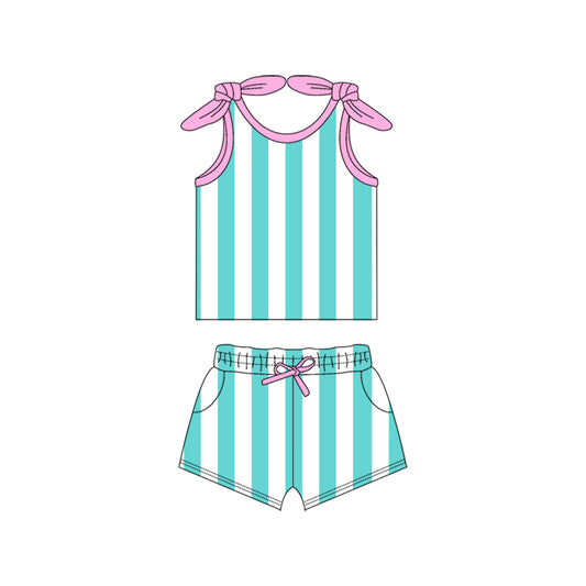 Preorder (moq 5)Baby Girls Pink Bows Strap Aqua Stripe Top Pockets Short Set