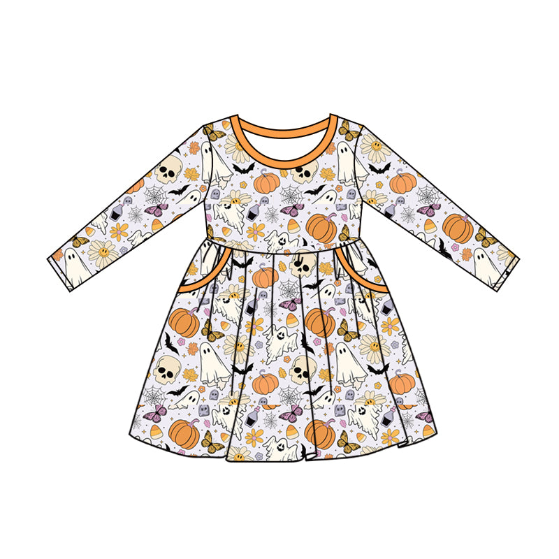 Baby Girls Halloween Pumpkin Ghost Flowers Knee Length Dresses Preorder(moq 5)