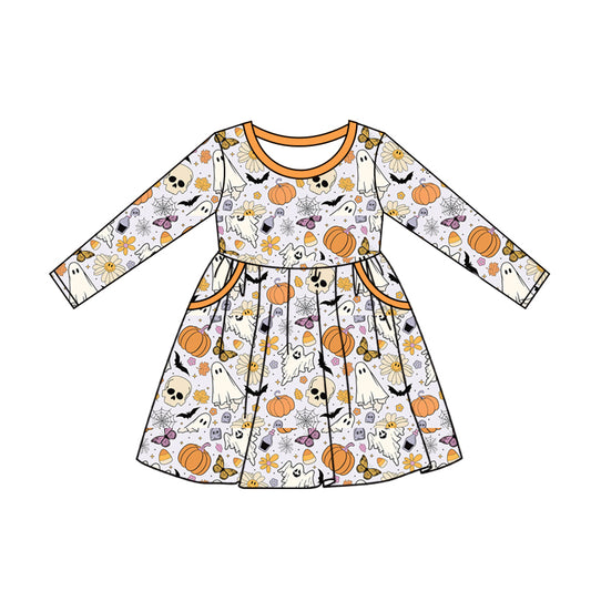 Baby Girls Halloween Pumpkin Ghost Flowers Knee Length Dresses Preorder(moq 5)