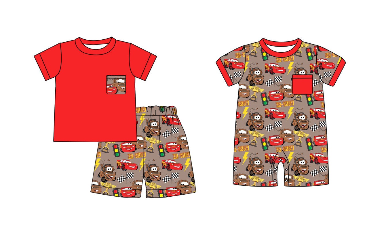 Preorder(moq 5 each) Baby Boys Red Pocket Shirt Racing Car Cartoon Romper Shorts Sets