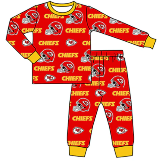 Preorder (moq 5)Baby Boys Orange Chiefs Hats Plaid Top Pant Team Pajamas Set