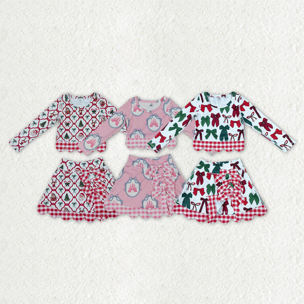 Sibling Baby Girls Long Sleeve Santa Bows Castles Top Skirt Short Scallop Clothes Sets