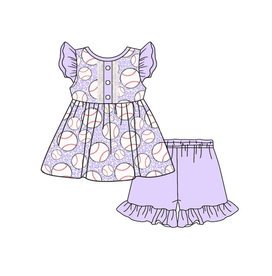 Preorder (moq 5)Baby Girls Lavender Leopard Baseball Tunic Ruffle Shorts Clothes Sets