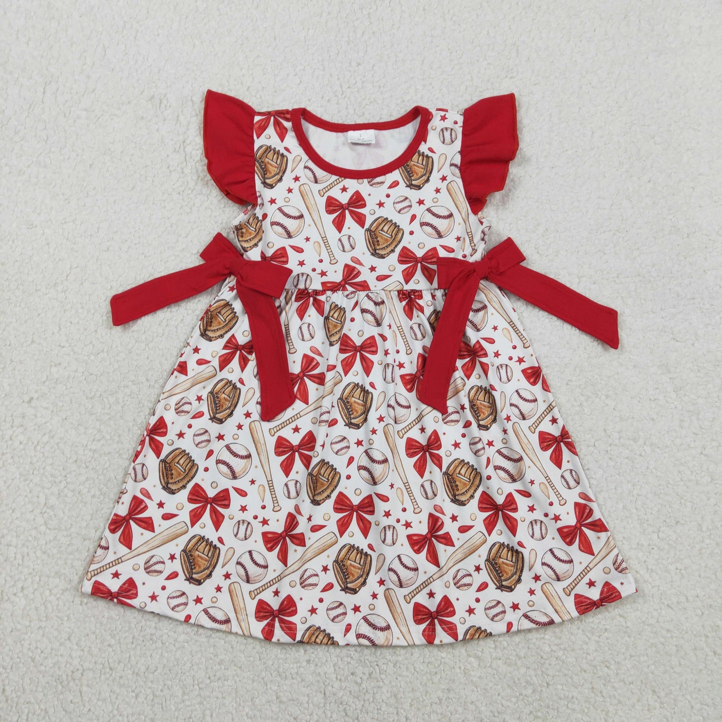 Baby Girls Flutter Sleeve Baseballs Bows Team Knee Length Dresses