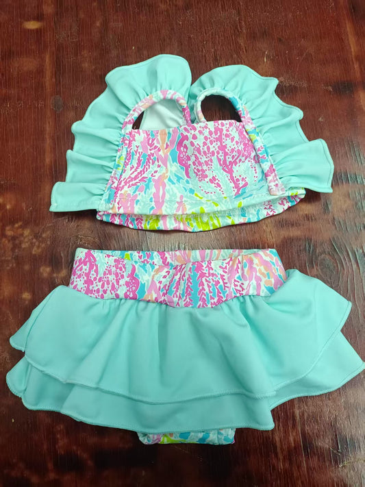 Preorder moq 5 Baby Girls Aqua Strap Watercolor Floral 2 Piece Swimsuits