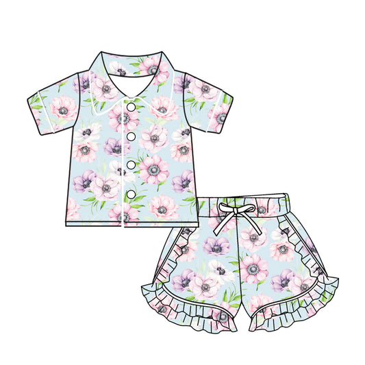 Baby Girls Blue Pink Flowers Buttons Top Ruffle Shorts Pajamas Sets preorder(MOQ 5)