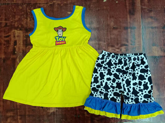 Preorder moq 5 Baby Girls Yellow Sleeveless Cartoon Toy Tunic Cow Print Ruffle Shorts Set
