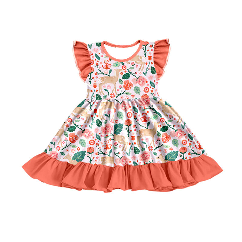 Baby Girls Flutter Sleeve Deer Flowers Ruffle Knee Length Dresses preorder(moq 5)