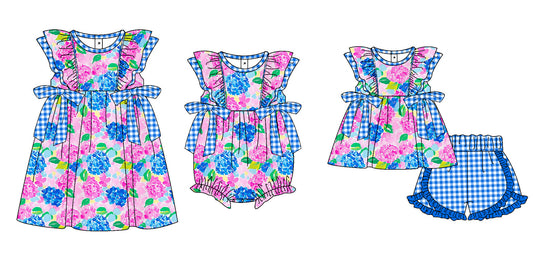 Preorder(moq 5 each) Baby Girls Pink Blue Bows Romper Dress Shorts Sets