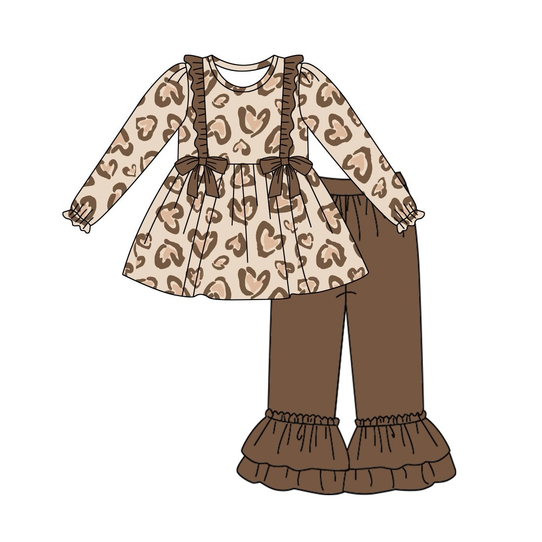 Baby Girls Valentines Hearts Brown Tunic Ruffle Pants Clothes Sets preorder(MOQ 5)