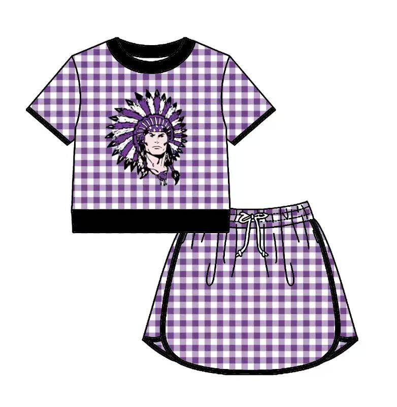 Preorder (moq 5)Baby Girls Purple Checked Port Neches-Groves Top Skirt Short Team Clothes Set