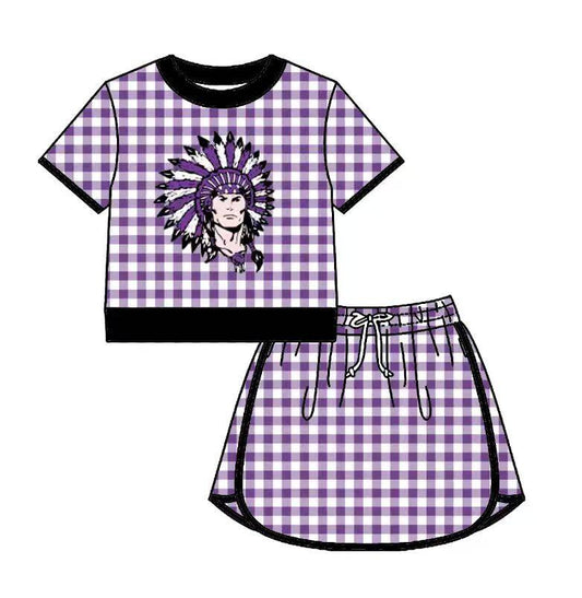 Preorder (moq 5)Baby Girls Purple Checked Port Neches-Groves Top Skirt Short Team Clothes Set
