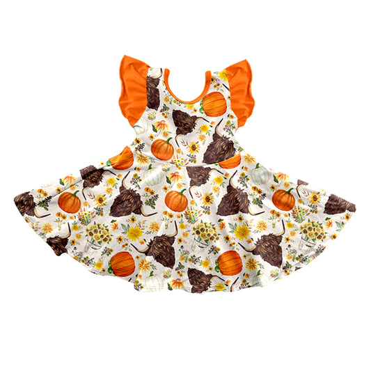 Baby Girls Highland Cows Pumpkin Sunflowers Western Knee Length Dresses Preorder(moq 5)