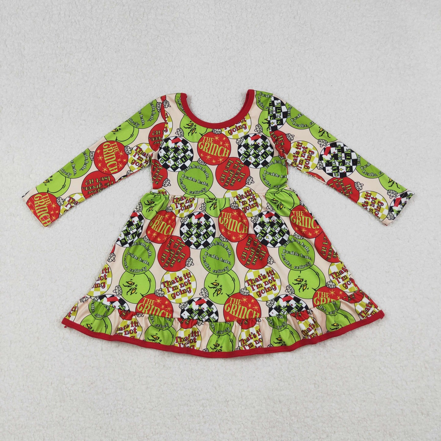 Baby Girls Red Green Face Lights Christmas Ruffle Knee Length Dress