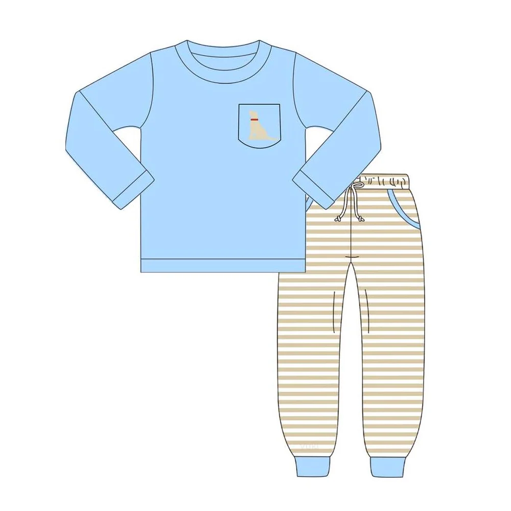 Preorder (moq 5)Baby Girls Blue Dogs Pocket Top Stripe Legging Pants Clothes Set
