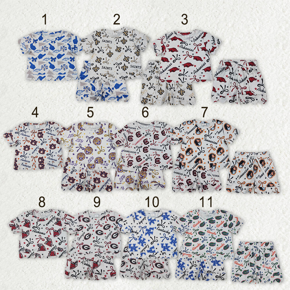 Sibling Baby Girls Bows Team Top Pockets Short Scallop Clothes Sets