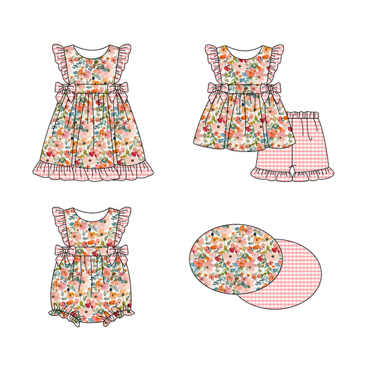 Preorder(moq 5 each)Sibling Baby Girls Pink Flowers Bows Spring Romper Dress Shorts Sets