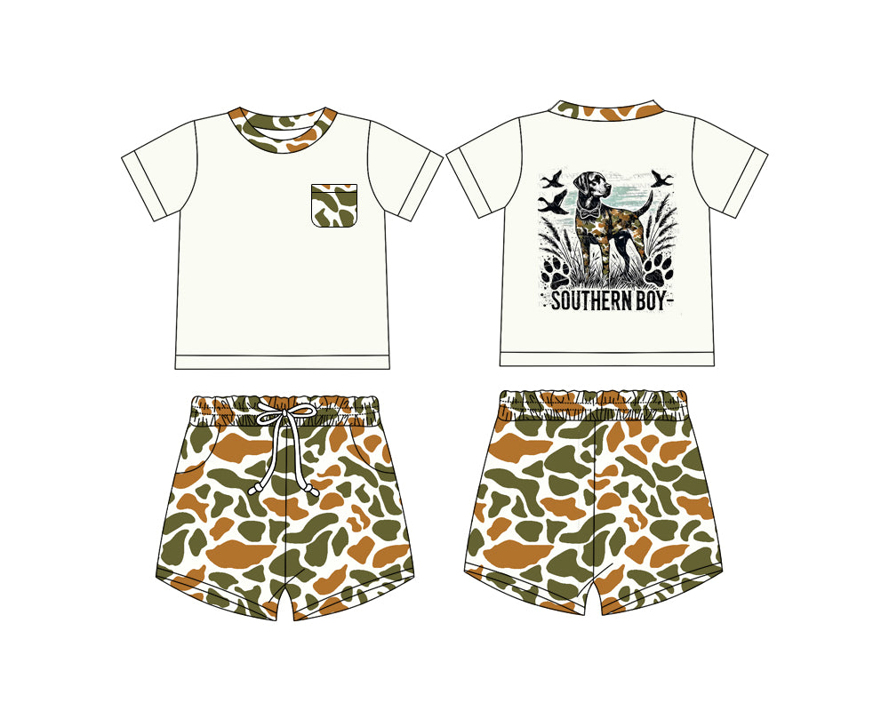 Preorder (moq 5)Baby Boys Dog Souther Boy Top Green Camo Shorts Clothes Sets
