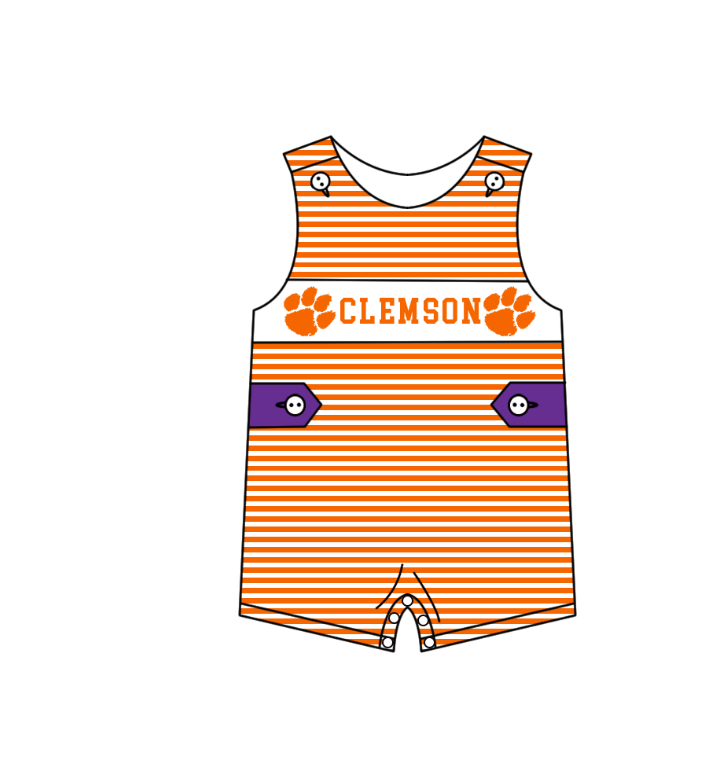 Preorder (moq 5)Baby Boys Sleeveless Orange Stripe Clemson Team Rompers