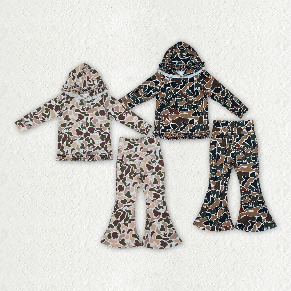 Sibling Baby Girls Dogs Ducks Deer Camo Ruffle Hoodie Bell Bottom Pant Clothes Set