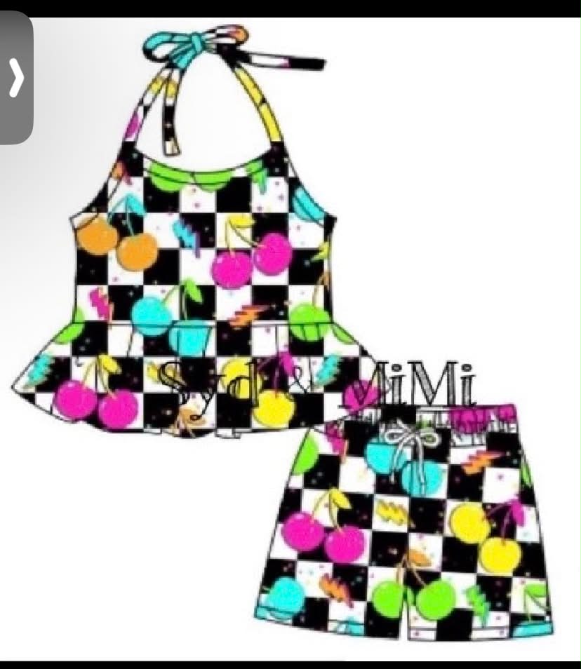 Preorder (moq 5)Baby Girls Cherry Checkered Halter Top Shorts Clothes Sets