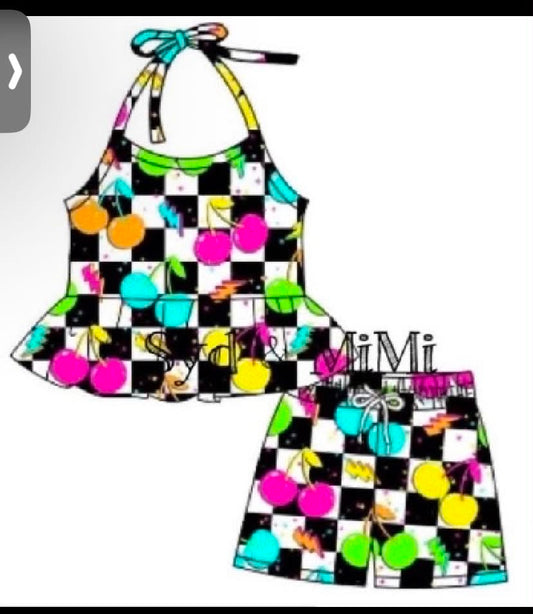 Preorder (moq 5)Baby Girls Cherry Checkered Halter Top Shorts Clothes Sets