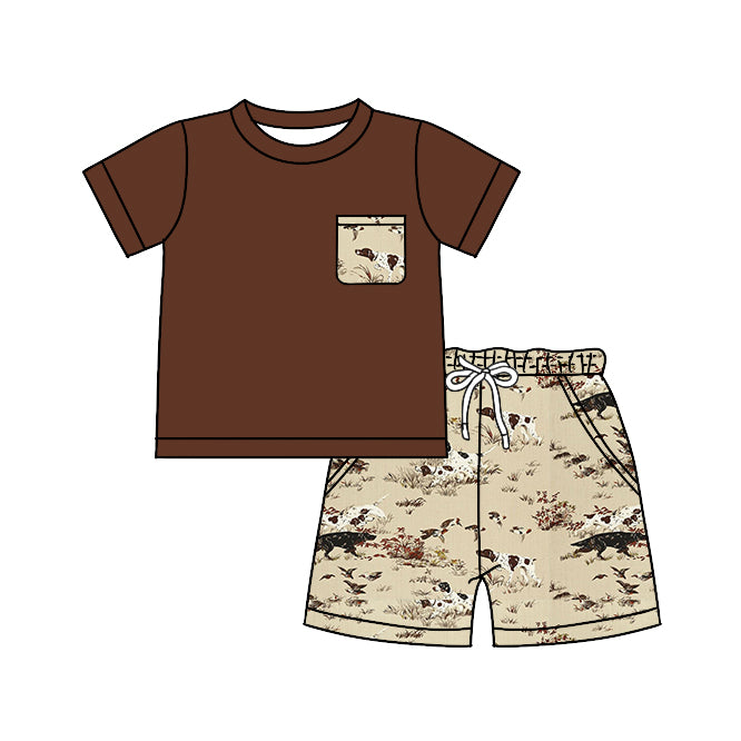 Baby Boys Brown Pocket Shirts Top Dogs Hunting Shorts Clothes Sets Preorder(moq 5)