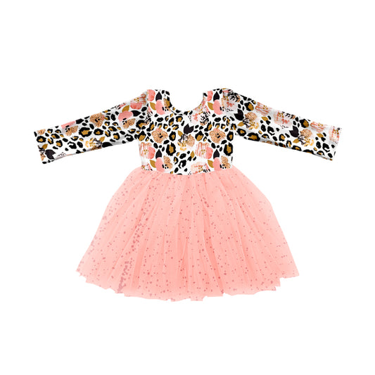 Baby Girls Leopard Flowers Long Sleeve Tutu Dresses preorder(moq 5)