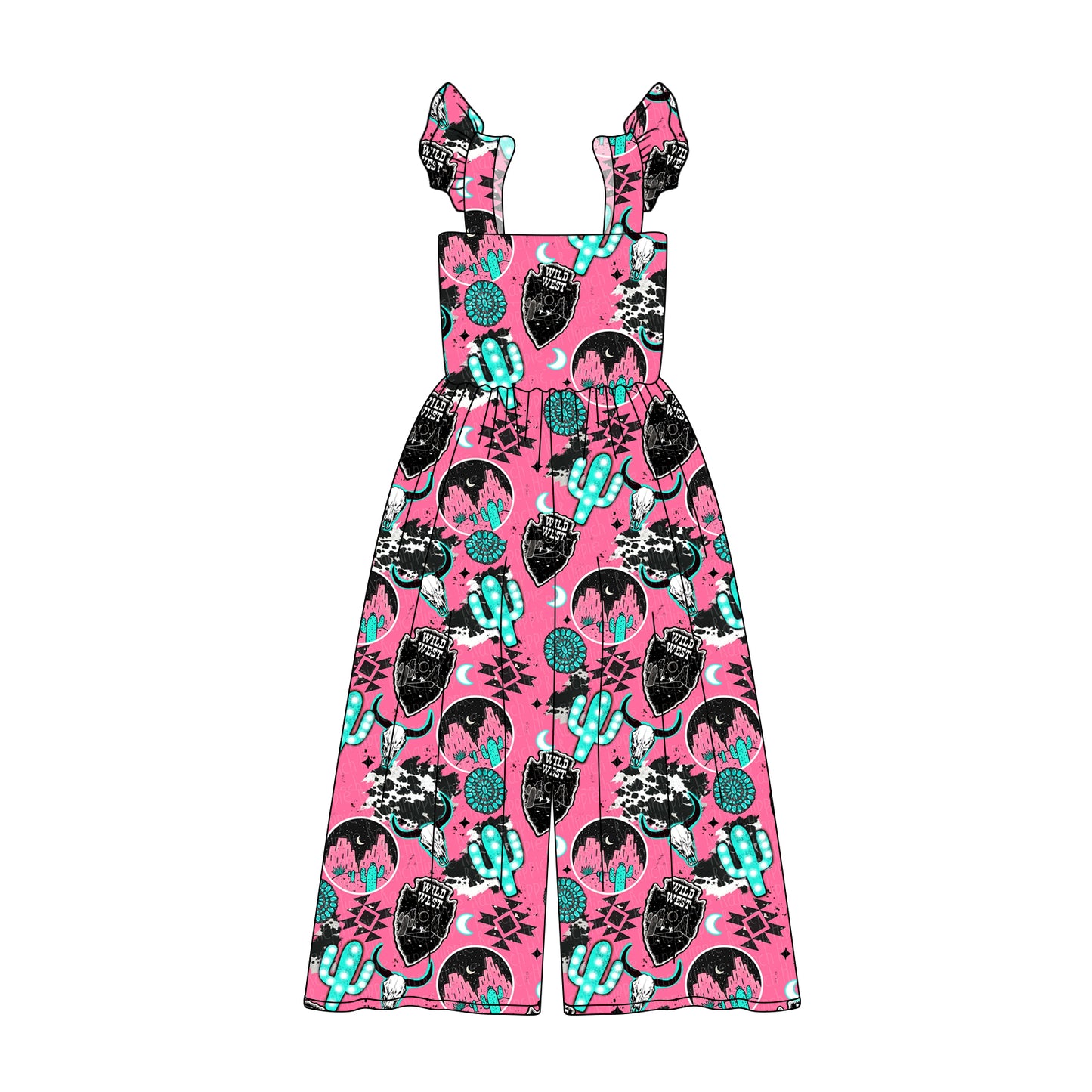 Preorder (moq 5)Baby Girls Pink Flutter Sleeves Cactus Cow Print Bell Bottom Jumpsuits