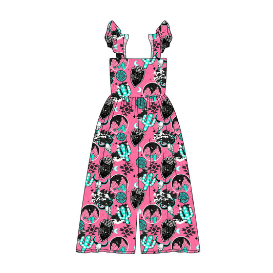 Preorder (moq 5)Baby Girls Pink Flutter Sleeves Cactus Cow Print Bell Bottom Jumpsuits