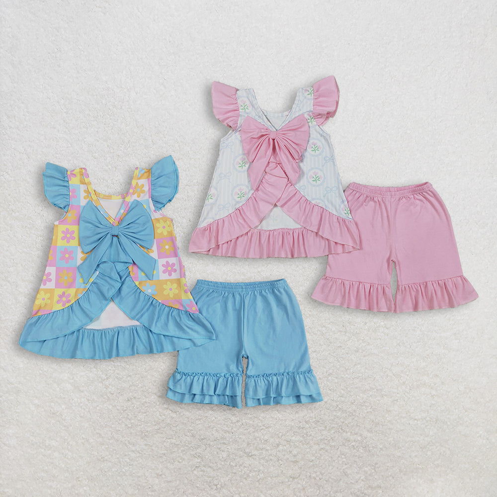 Sibling Baby Girls Flowers Checked Flutter Sleeve Back Bows Tunic Ruffle Shorts Clothes Sets